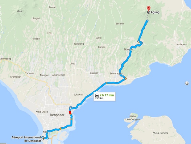 Le volcan Agung se situe à 75 km de l’aéroport international de Denpasar - Photo GoogleMAP Le volcan Agung se situe à 75 km de l’aéroport international de Denpasar - Photo GoogleMAP