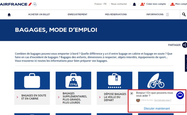 Louis est accessible b[24h/24 sur l’application Facebook Messenger]b directement via la page FAQ bagage de son site - Capture écran Air France