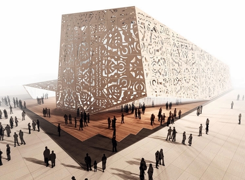 Le pavillon qui représentera la Pologne  à la prochaine exposition universelle. de 3 000 m2 est fabriqué principalement en bois, y compris la façade dont les motifs sont découpés au laser.