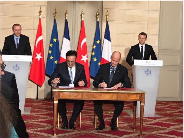 les représentants de Turkish Airlines et Airbus signent, à l'Elysée, un accord en présence des président Erdogan et Macron. DR turkish airlines