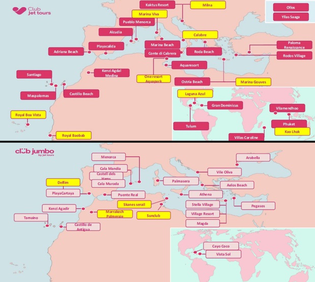 Les 9 clubs à ouvrir en 2018 sont en jaune sur les cartes - Crédit photo : Jet tours Les 9 clubs à ouvrir en 2018 sont en jaune sur les cartes - Crédit photo : Jet tours