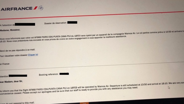 Un des courriers envoyé par Air France à un passager qui partait le 18 février dernier à Punta Cana - DR Un des courriers envoyé par Air France à un passager qui partait le 18 février dernier à Punta Cana - DR