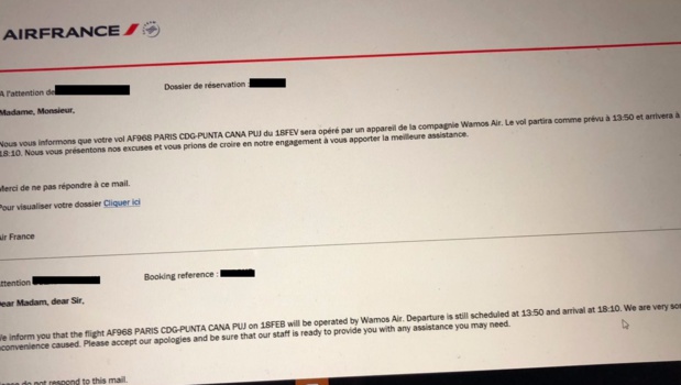 Un des courriers envoyé par Air France à un passager qui partait le 18 février dernier à Punta Cana - DR