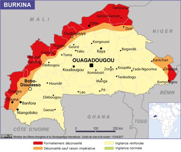 Les zones en rouge sur la carte du Burkina Faso sont strictement déconseillées - Crédit photo : France Diplomatie