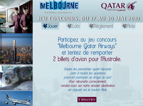 Qatar Airways / Etat de Victoria : 2 billets à gagner vers Melbourne pour les AGV Qatar Airways / Etat de Victoria : 2 billets à gagner vers Melbourne pour les AGV
