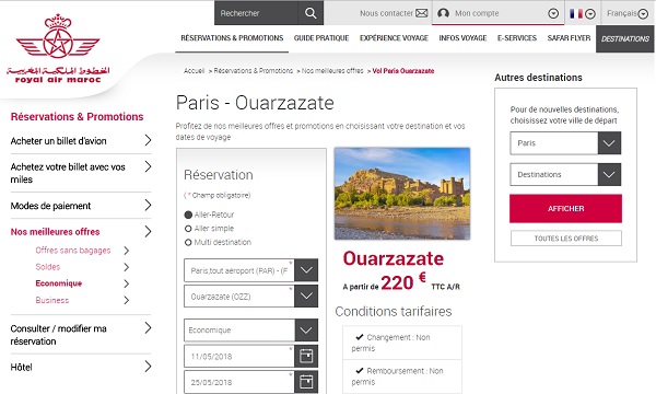 L'OT de Ouarzazate accuse la Royal Air Maroc de saboter la destination - Crédit photo : capture écran du site Royal Air Maroc
