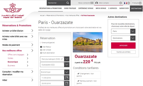 L'OT de Ouarzazate accuse la Royal Air Maroc de saboter la destination - Crédit photo : capture écran du site Royal Air Maroc L'OT de Ouarzazate accuse la Royal Air Maroc de saboter la destination - Crédit photo : capture écran du site Royal Air Maroc