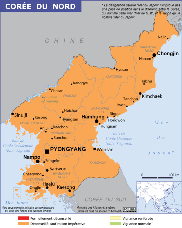 La carte du ministère des affaires étrangères place la Corée du Nord en orange