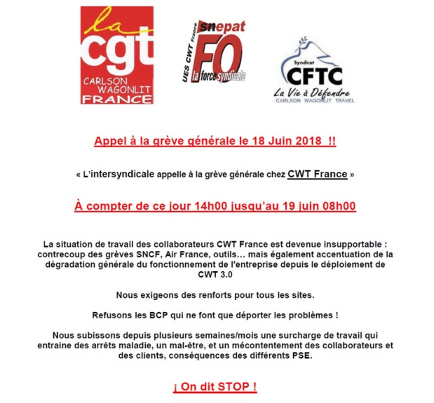 CWT France : l'intersyndicale appelle les salariés à la grève CWT France : l'intersyndicale appelle les salariés à la grève