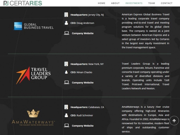 CERTARES, société d’investissement internationale, est spécialisée dans le secteur du tourisme. Elle a notamment une participation au capital d'American American Express Global Business Travel et Travel Leaders Group - DR : Capture d'écran CERTARES