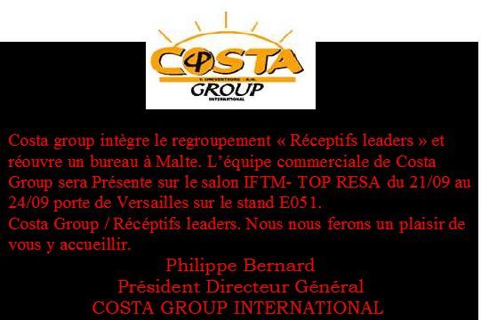 Costa group intègre le regroupement « Réceptifs leaders » et réouvre un bureau à Malte.