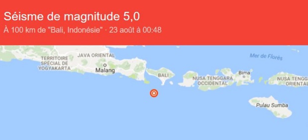 un séisme de magnitude 5 a frappé l'Indonésie - photo google via U.S. Geological Survey