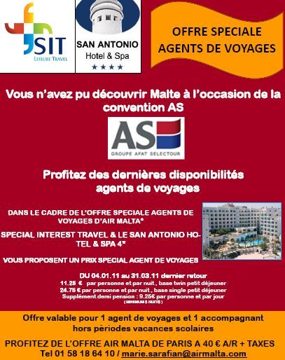 Offre spéciale agences AS Voyages proposée par SIT Malte agence référencée du réseau hôtel San Antonio