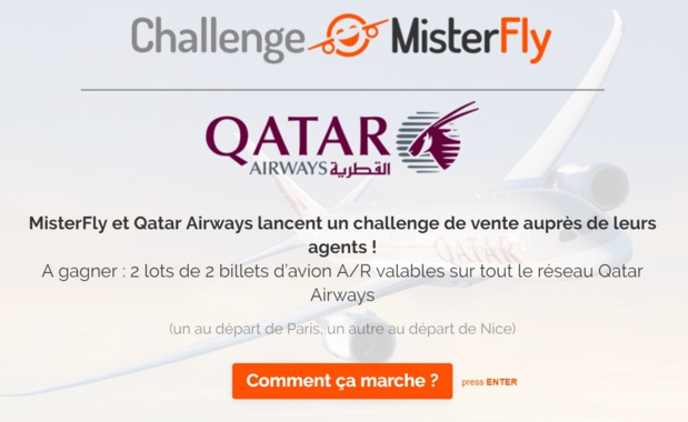 Pour participer au challenge de ventes Qatar Airways et MisterFly il faut se connecter au site https://misterfly.typeform.com/to/PzEHUM - DR