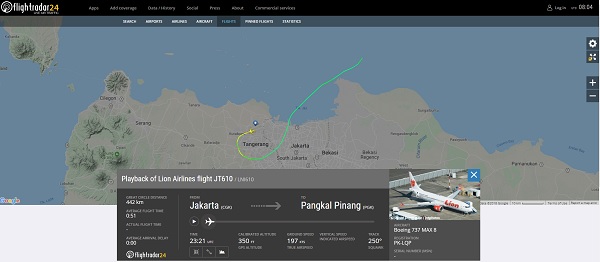 La trajectoire du Boeing 737 Max 8 de la compagnie indonésienne Lion Air selon le site flightradar24 - Crédit photo : flightradar24