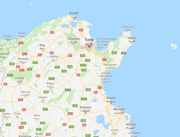 Une femme s'est faite exploser à Tunis ce lundi 29 octobre 2019, vers 14 h 00, faisant 8 blessés parmi les policiers et un citoyen - DR Google Map