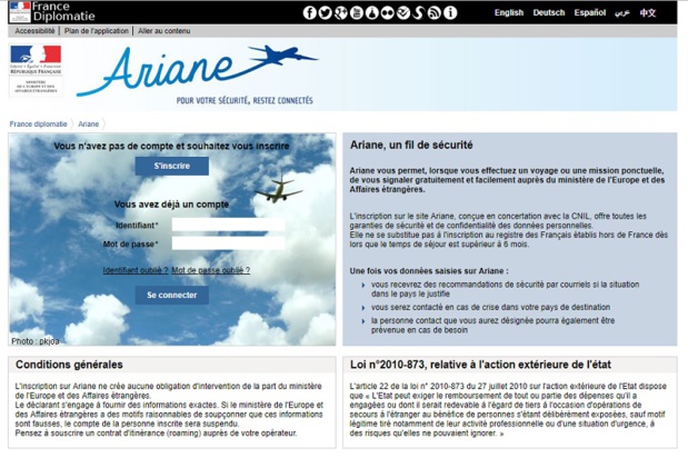 Ariane propose aux voyageurs partant à l'étranger de s'inscrire en ligne afin de recevoir les informations relatives à la sécurité de leur déplacement - Capture écran Ariane propose aux voyageurs partant à l'étranger de s'inscrire en ligne afin de recevoir les informations relatives à la sécurité de leur déplacement - Capture écran