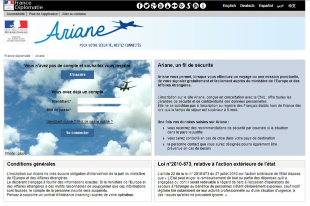 Ariane propose aux voyageurs partant à l'étranger de s'inscrire en ligne afin de recevoir les informations relatives à la sécurité de leur déplacement - Capture écran