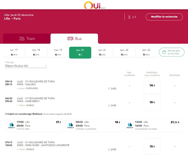 Oui.sncf proposera avant l'été 2019 des trajets combinés train, bus et covoiturage - Capture écran