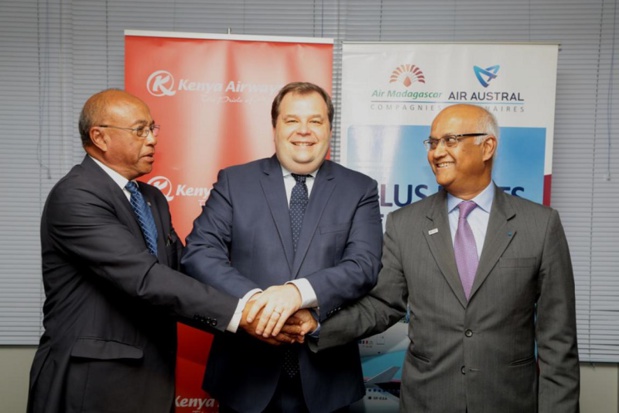 Marie Joseph Malé, Président Directeur Général d’Air Austral, Rolland Besoa Razafimaharo, Directeur Général d’Air Madagascar et Sebastian Mikosz, Président Directeur Général de Kenya Airways - DR