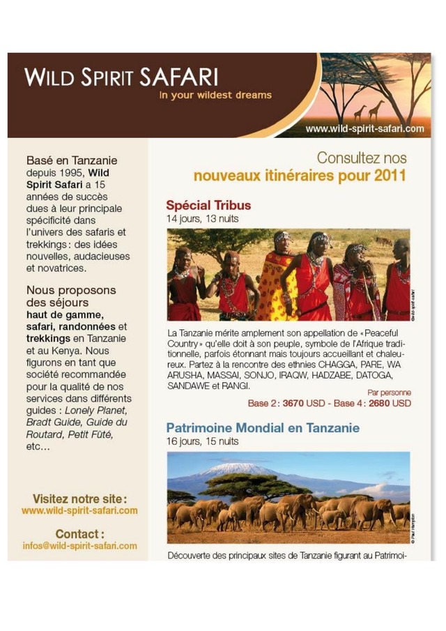 TANZANIE itinéraires thématiques 2011 WILD SPIRIT SAFARI TANZANIE itinéraires thématiques 2011 WILD SPIRIT SAFARI