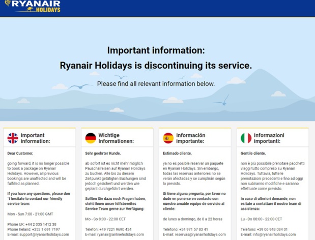 Sur le site, un message bref informe les clients de l'arrêt des ventes - DR : Capture d'écran Ryanair Holidays Sur le site, un message bref informe les clients de l'arrêt des ventes - DR : Capture d'écran Ryanair Holidays