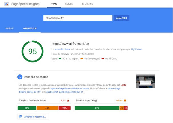 Test du site airfrance.fr avec Pagespeed Insights - DR