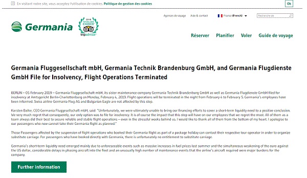 Low cost, Germania met fin à ses activités - Crédit photo : capture écran du site flygermania.com