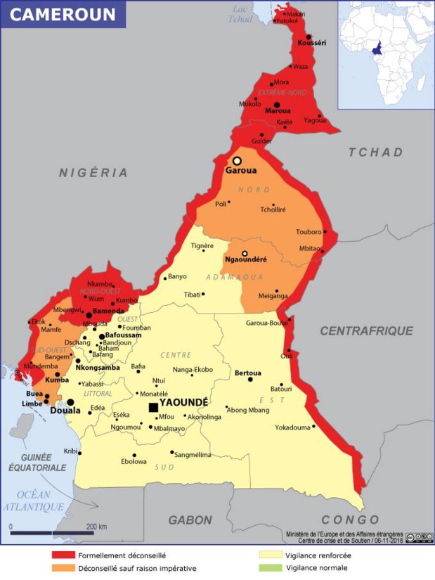 La carte de sécurité du Cameroun éditée par le Quai d'Orsay - DR La carte de sécurité du Cameroun éditée par le Quai d'Orsay - DR