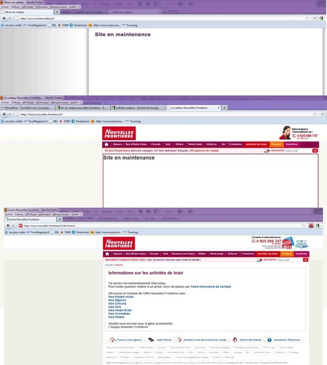 En haut, la home page du site Rêves en cadeau indiquant "en maintenance", inscription que l'on retrouvait jeudi après-midi dans l'onglet "activités de loisir" du site de Nouvelles Frontières. Depuis un message indique que le service est interrompu En haut, la home page du site Rêves en cadeau indiquant "en maintenance", inscription que l'on retrouvait jeudi après-midi dans l'onglet "activités de loisir" du site de Nouvelles Frontières. Depuis un message indique que le service est interrompu