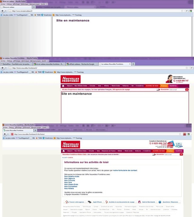 En haut, la home page du site Rêves en cadeau indiquant "en maintenance", inscription que l'on retrouvait jeudi après-midi dans l'onglet "activités de loisir" du site de Nouvelles Frontières. Depuis un message indique que le service est interrompu