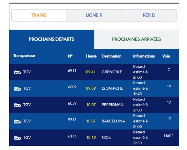 Gare de Lyon (Paris) : de nombreux retards en raison d'une panne électrique - Capture écran du site SNCF.com