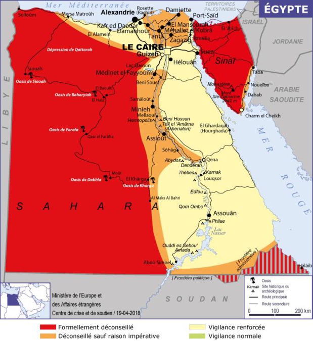 La carte de sécurité de l'Egypte publiée par le Quai d'Orsay - DR MEAE