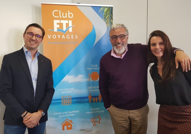 Axel Mazerolles, directeur général de FTI Voyages, Nacer Bouguerra, directeur Club Privilège et Rachel Maingam Manzo, coordinatrice Clubs lors de la conférence de presse organisée au siège de FTI Voyages - Photo CE