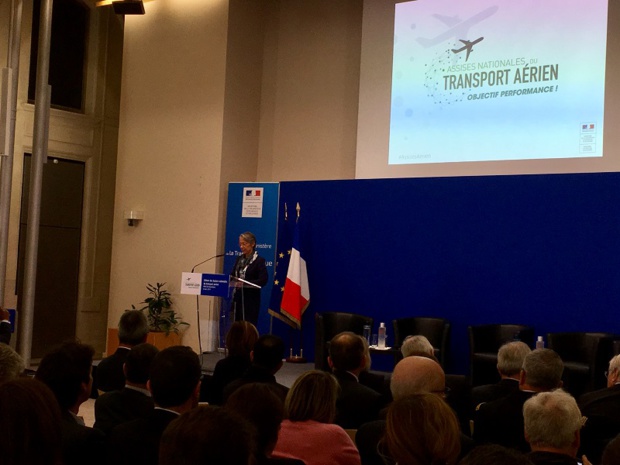 Ce vendredi 8 mars 2019, Elisabeth Borne, ministre de la Transition écologique et solidaire, chargée des Transports a présenté la Stratégie nationale pour le transport aérien (SNTA) proposée par le Gouvernement, suite aux Assises de l'aérien. - CL