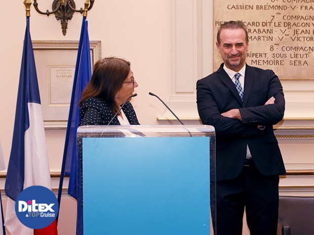 Dominique Vlasto, adjointe du Maire de Marseille, chargée du Tourisme et Jean-François Suhas, Président du Club de la Croisière Marseille Provence lors de la soirée d'ouverture du DITEX à la Mairie de Marseille en 2018 - DR