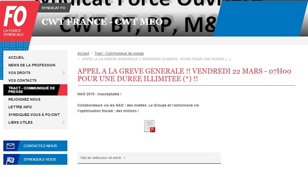 CWT France : l'intersyndicale appelle à une "grève générale et illimitée"
