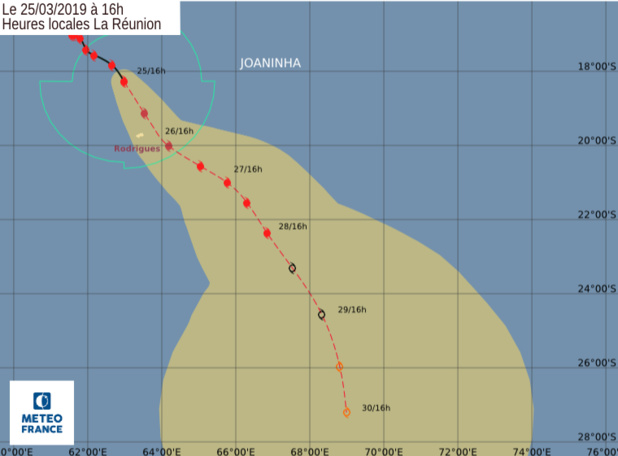 La course du Cyclone Joaninha selon Météo France - Crédit photo : Météo France La course du Cyclone Joaninha selon Météo France - Crédit photo : Météo France