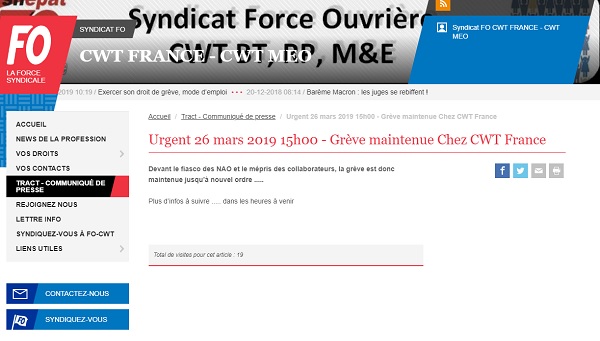CWT France : la grève générale et illimitée est maintenue - Crédit photo : FO CWT