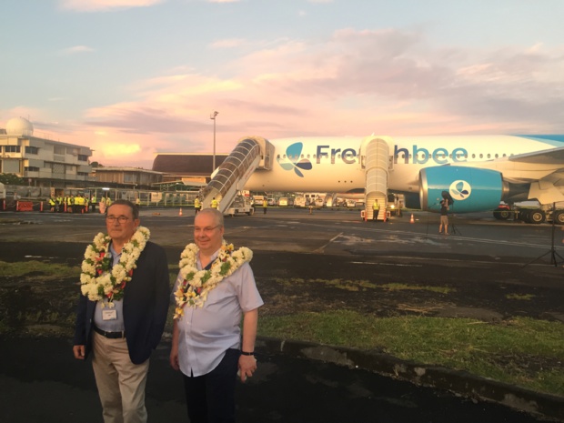 Jean-Paul Dubreuil et Marc Rochet lors de l'inauguration de la ligne Paris-Papeete, en mai 2018 © PG TM