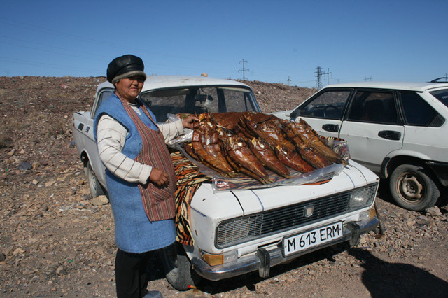 De la petite ville de Balkhash à l'ancienne capitale Alamty, 650 kms de routes du moyen âge et quelques rencontres comme cette femme qui vend du poisson fumé... - Photo DR JB