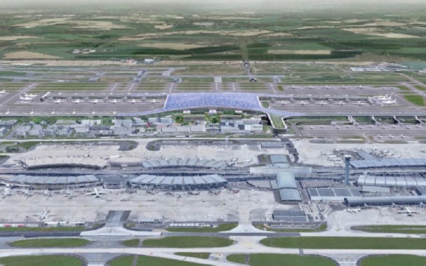 Le futur terminal 4 de Roissy (au second plan selon ce plan d'architecte) pourrait créer plus de 40 000 emplois à l’horizon 2037 selon une étude du GIP Emploi Roissy dévoilée en avril 2019. - DR ADP