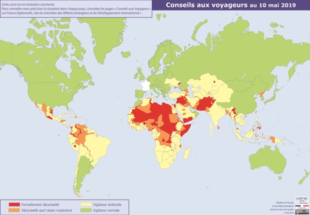 Carte mondiale des zones de vigilance publiée par le Quai d'Orsay - DR MEAE
