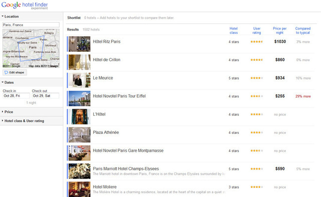 Google Hotel Finder débarque en France