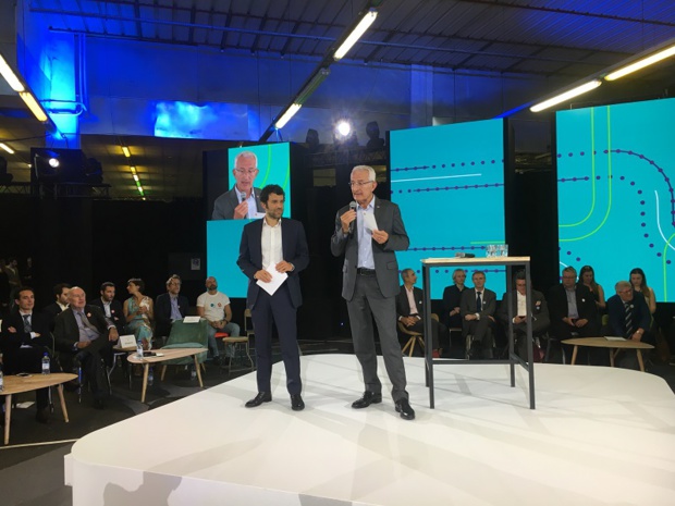 Alexandre Viros, directeur général d’e-voyageurs SNCF et Guillaume Pépy, président du directoire de SNCF, ont présenté l’assistant mobilité SNCF, le 18 juin 2019, dans les locaux de Ground Control, à Paris. - CL