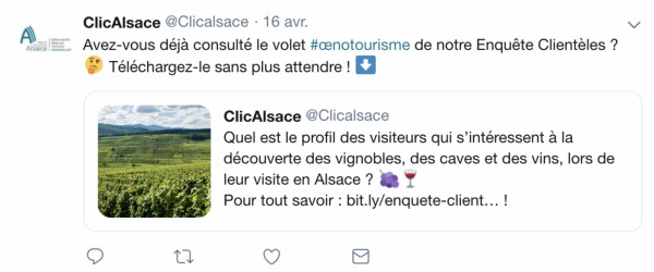 L’Observatoire Régional du Tourisme d’Alsace utilise ici des emoji qui résument l’essence de son message. Source : compte Twitter de ClicAlsace L’Observatoire Régional du Tourisme d’Alsace utilise ici des emoji qui résument l’essence de son message. Source : compte Twitter de ClicAlsace