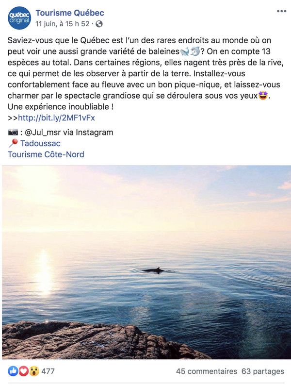 Cette publication de Tourisme Québec sur Facebook cherche à susciter l’émerveillement de sa communauté. Source : compte Facebook de Tourisme Québec