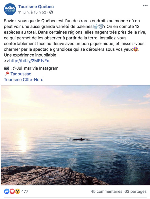 Cette publication de Tourisme Québec sur Facebook cherche à susciter l’émerveillement de sa communauté. Source : compte Facebook de Tourisme Québec Cette publication de Tourisme Québec sur Facebook cherche à susciter l’émerveillement de sa communauté. Source : compte Facebook de Tourisme Québec