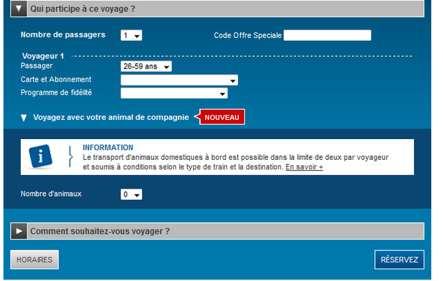 Lors de la réservation, il suffit de cliquer dans « Recherche avancée » pour réserver les billets animaux - photo DR