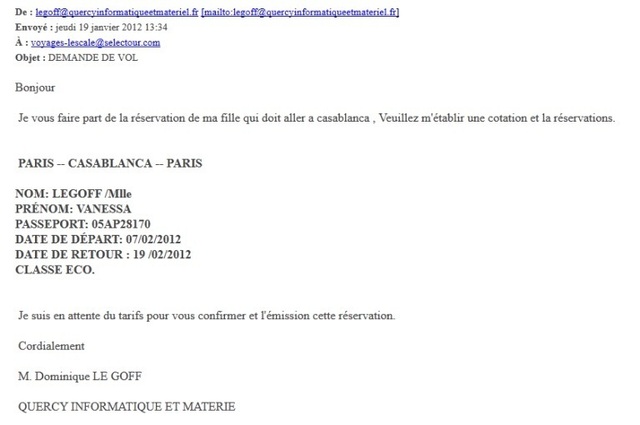 Volià le mail que les agents de voyages ont reçu du faux Dominique Legoff - DR Volià le mail que les agents de voyages ont reçu du faux Dominique Legoff - DR